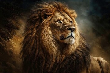 Lion with a golden aura standing in dramatic scene. Generative AI