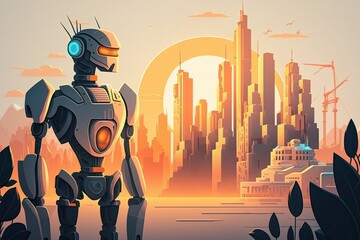 Robotic Process Automation with a futuristic cityscape background. Generative AI