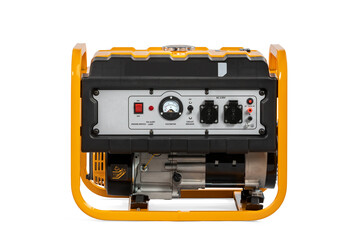 Portable electric AC generator charger, isolated on white. Diesel or petrol generator for home and industrial use. Gasoline powered engine. Backup energy.