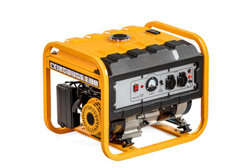 Portable electric AC generator charger, isolated on white. Diesel or petrol generator for home and industrial use. Gasoline powered engine. Backup energy.