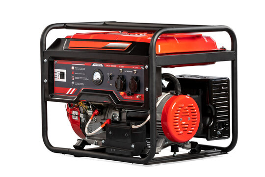 Portable electric AC generator charger, isolated on white. Diesel or petrol generator for home and industrial use. Gasoline powered engine. Backup energy.