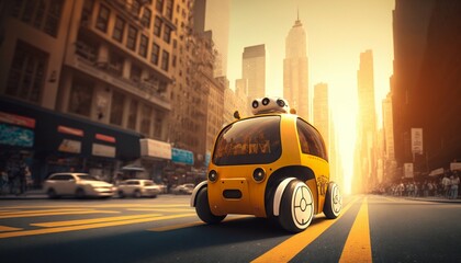 Smart robot autopilot taxi rides along city street road. Generative AI