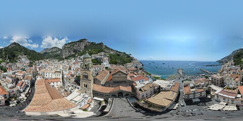 360 aerial photo taken with drone of church at main square in Amalfi, Italy