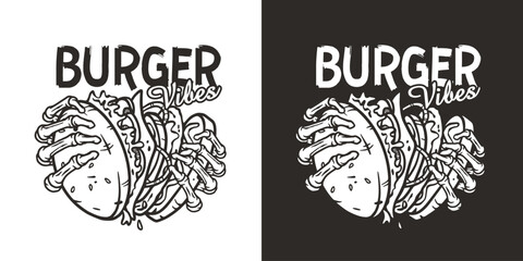 Burger in skeleton hands. American fast food or USA food with bones and hamburger with meat, cheese and vegetable for logo or poster