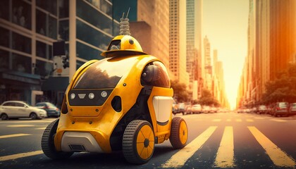 Smart robot autopilot taxi rides along city street road. Generative AI