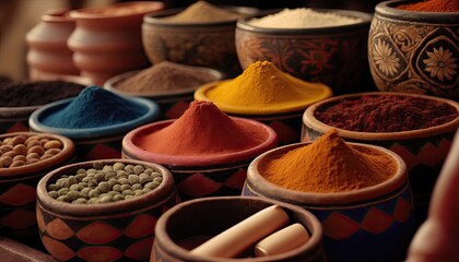 Exotic colorful spices and herbs at the market. Ceramic terracotta pots of Turkish tea. Traditional antique stall.