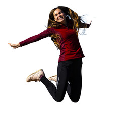 Long-haired girl jumping for joy isolated on transparent background; long flowing hair of beautiful...