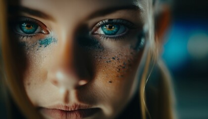 woman with blue eyes looking at the camera, face photography, woman in blue tone desing Generated IA