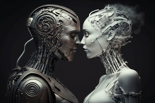 Humanoid robots lovers. Valentine's Day. Generative AI
