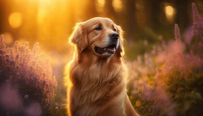 Golden retriever in nature at sunset rays. Generative AI.