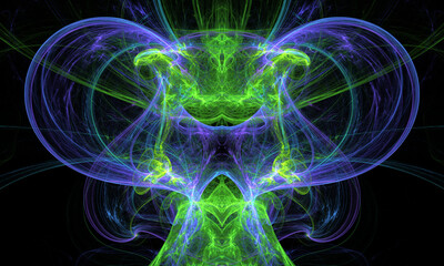 Abstract illustration with symmetric bright wavy translucent elements.