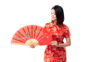 Asian girl in traditional chinese dress with a fan isolated on white background