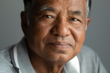 Close-up, old man's face, elderly Asian man thinking and looking at camera in studio.