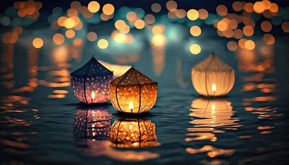Paper lanterns float on water. Floating Lantern Festival, Memorial Day. Generative AI