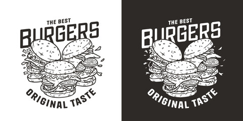 Obraz premium Burger with meat, cheese and vegetable for logo or emblem. American fast food or hamburger for poster. USA food with bun, lettuce, cheese, tomato, onion, cutlet for store.