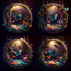 A swing in the magical forest decorated with flowers, butterflies