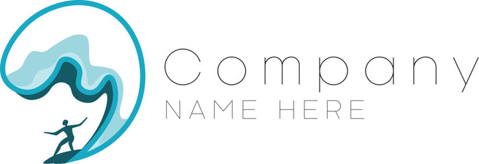 Company Logo with surfer on a wave.