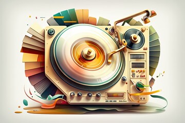 DJ music deck with colorful turntable and LP vinyl record, used for mixing music and recorded soundtracks, during a disco, concert, or party. Generative AI