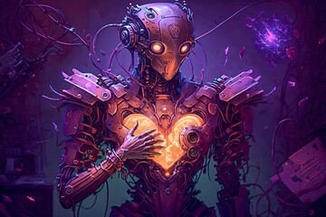Humanoid robot with love heart in cyberpunk style. Valentine's Day.