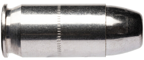 flat nose bullet on a Silver colored cartridge that is 45 caliber