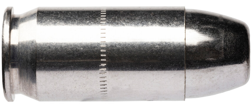 flat nose bullet on a Silver colored cartridge that is 45 caliber
