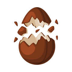 Chocolate egg bursting into pieces. Tasty sweet dessert cartoon vector illustration