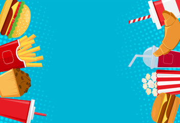 Fast food menu banner, comic background, hamburger, cake, friend fries, soda, sandwich, croissant, popcorn, juice. American food and drink border. Cartoon illustration in pop art style