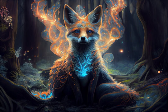 Magical fox in a mystical arcane forest. Generative AI