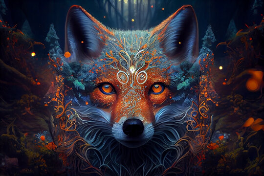 Magical fox in a mystical arcane forest. Generative AI