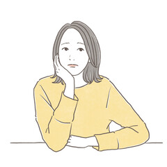頬杖をつく困り顔の女性