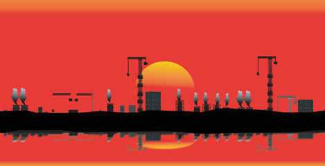 sunset atmosphere, small boat shadow. Nature background with industrial factory image, blurred image, sunset and sunrise.