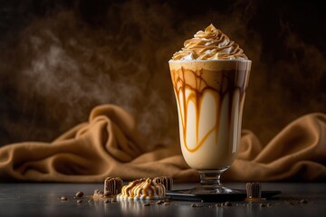 Delicious caramel frappuccino with caramel sauce and cream on top - obrazy, fototapety, plakaty