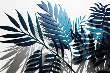 Palm leaves cast shadows on a white wall to create an abstract backdrop. Racially mixed group of white and black people. Generative AI