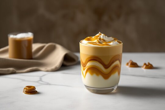 A glass of caramel iced  coffee sits on a marble table with a few pieces of caramel scattered around