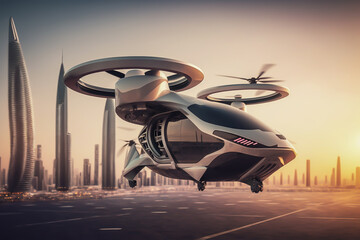 Drone taxi flying between buildings in city, Future transportation technology