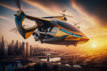 Drone taxi flying between buildings in city, Future transportation technology