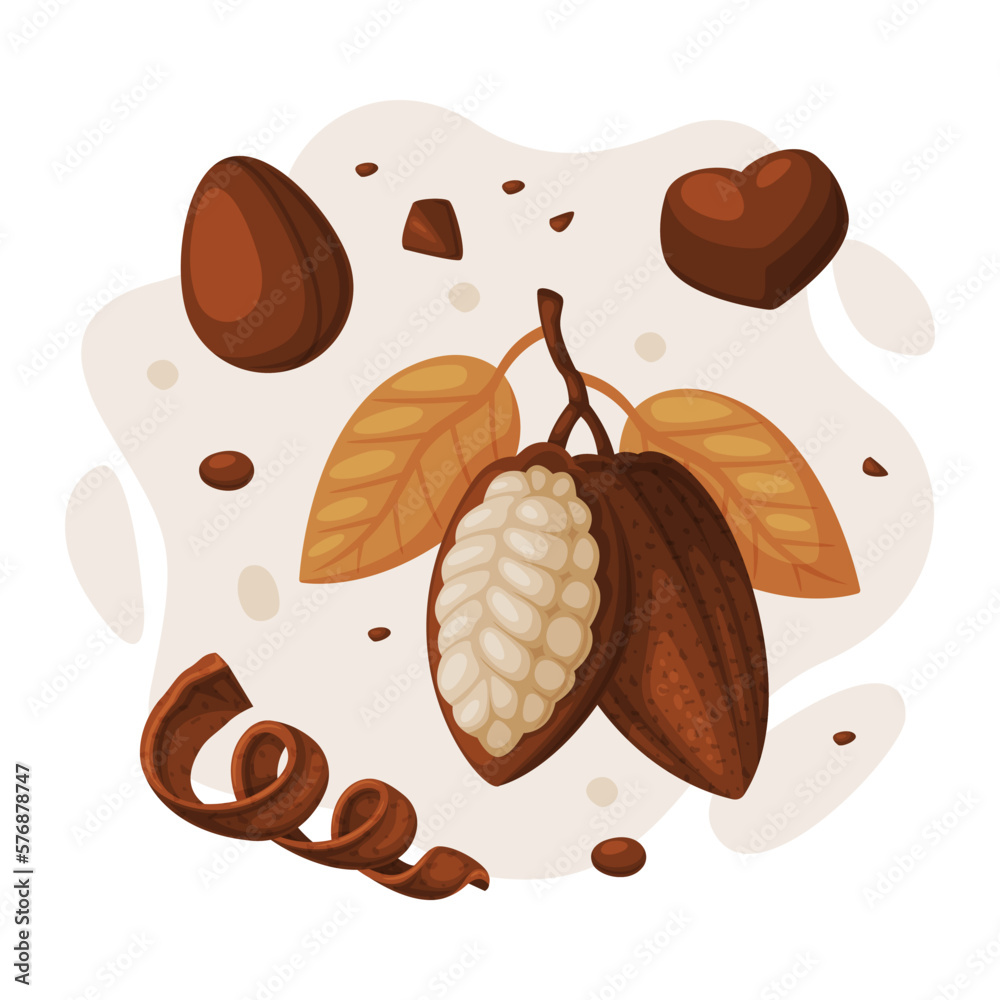 Poster Chocolate set. Cocoa beans, chocolate egg and candy cartoon vector illustration