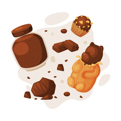 Chocolate set. Jar of chocolate spread, candies and bear shaped candy in foil packaging cartoon vector illustration
