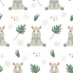 Seamless pattern with cute rhinoceros and leaves. African charming animal and plant in flat style. Suitable for the design of children's textiles, wrapping paper, background. Cartoon vector rhino.