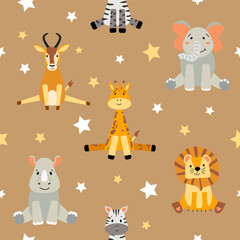 Obraz na płótnie Canvas Seamless pattern with cute wild animals for children. African adorable animals in a flat style. Lion, zebra, rhinoceros, elephant, antelope and giraffe.Web, wrapping paper, textile, background.