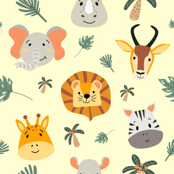 Seamless pattern with cute wild animal faces. African charming animals and plants in a flat style. Lion, zebra, rhinoceros, elephant, antelope and giraffe, palm tree. 
