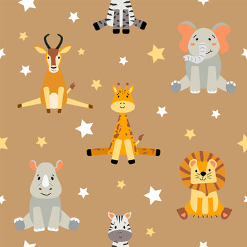Seamless pattern with cute wild animals for children. African adorable animals in a flat style. Lion, zebra, rhinoceros, elephant, antelope and giraffe.Web, wrapping paper, textile, background.