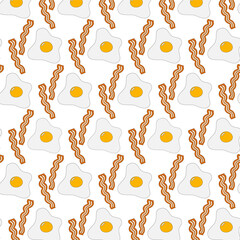 Appetizing fried eggs and bacon strips with spices. Seamless pattern for World Egg Day. Fast food