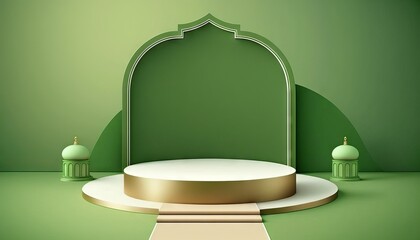 Green soft pastel podium ramadhan Background. islamic ornament on green Carpet Background. Generative ai