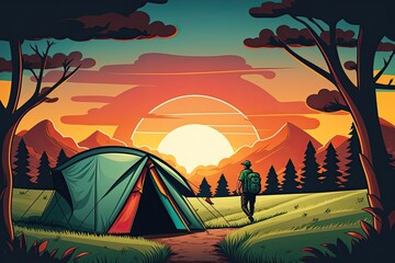 Tent camp in the mountains at dawn, with a tourist inside. As the sun rises, a camper gazes out into a lush meadow and forest outside their open tent entrance. Generative AI