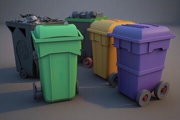 Trash cans on wheels with the lids open are completely stuffed with various types of garbage, including household junk, recycling materials, and yard debris. Generative AI