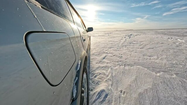 4WD Car Driving in Deep Snow at Sunny Day with Clouds. 60 fps, H.264, 8bit, Chroma Subsamlping 4:4:4