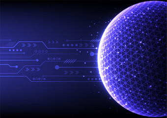Blue background technology circuit with arrow and world. Modern design hi tech digital electrical lines connected.