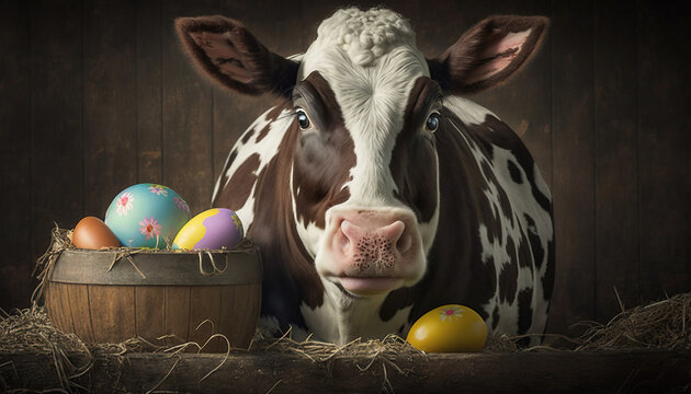 Easter Cow with Easter Eggs Generative AI