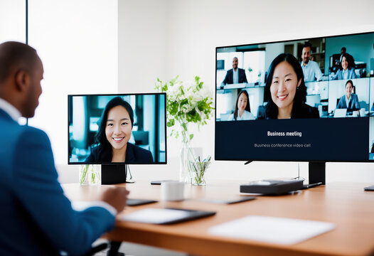 Diverse business team having videomeeting discussing online with remotely executive manager in business office. Remote video call , coworker teamwork online brainstorm, startup office company